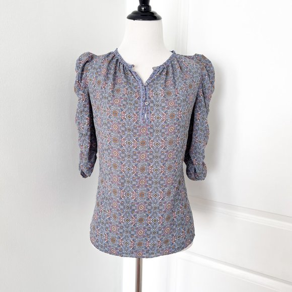 Max Studio Blue Floral Print Ruched Sleeve Blouse - Picture 1 of 6